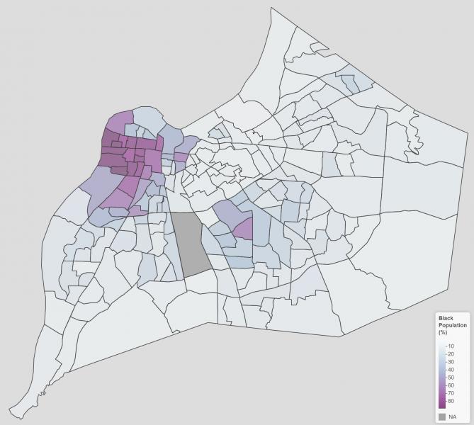 Metro Data Coalition map illustrating the percentage of residents who are black in each census tract in the city. The map shows that the northwestern corner of the city is where the highest percentages of black residents live.