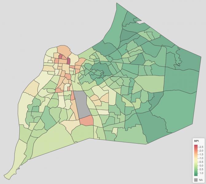 Metro Data Coalition map illustrating the severity of poverty—measured by the Multidimensional Poverty Index (or MPI)—in a given census track. The map illustrates how poverty is most severe in the northwestern census tracts of the city.