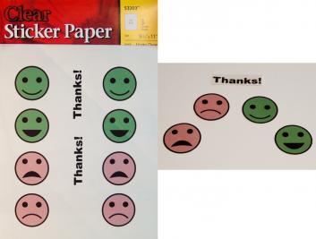 Left: Sticker paper printed with smiley and frowning faces and 'Thanks!' labels. Right: Smiling and frowning face stickers sealed with packing tape and cut out from page, along with a sealed 'Thanks!' sticker.
