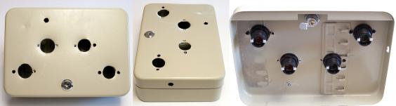 Left: Top-down view of box with four holes drilled for arcade buttons, a smaller hole for the 'Thanks!' light, and a small hole on the side for power. Center: Rotated view of the box, showing the location of the hole for the power cord on the side of the box. Right: View of holes from inside the box with arcade buttons test fitted into place.