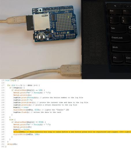 Top: Arduino with data logger shield attached and SD card inserted, connected to a computer via USB cable. Bottom: Screenshot of code with line 156 highlighted to show where to adjust the delay between logging button presses.
