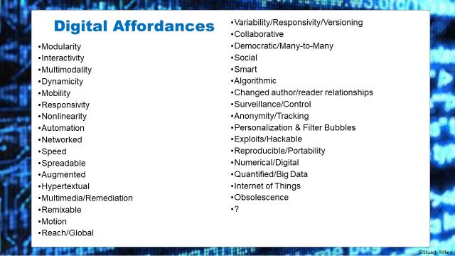 Workshop slide with the affordances attendees brainstormed for digital media
