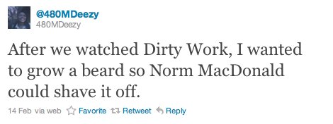 Student tweet: After we watched Dirty Work, I wanted to grow a beard so Norm MacDonald could shave it off.