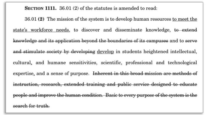 Walker's proposed revisions to the Wisconsin Idea in the Wisconsin Constitution. The original language and an explanation of the changes are below.