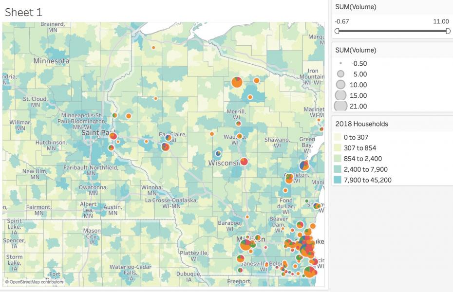 A Tableau-generated map of Wisconsin measures multiple measures simultaneously. The map includes layers that express demographic trends, uses pie charts to measure multiple product sales simultaneously, and drills down to individual points of sale rather than zip code totals.