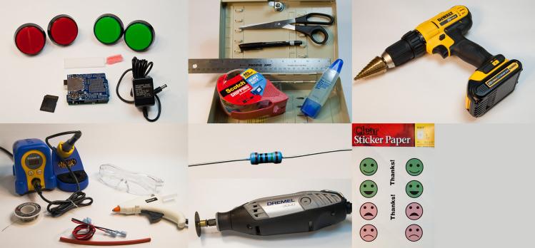 Materials Top-left: Arcade buttons, LED backlight, Arduino Uno, Data Logging Shield, SD card, power supply. Top-middle: Enclosure, glue, packing tape, ruler, permanent marker, scissors. Top-right: drill with step bit. Center: 150 Ohm 1/4W resistor. Bottom-left: Soldering iron, solder, safety glasses, hot glue gun, wire, heat shrink tube. Bottom-middle: Dremel 3000 with cutting wheel. Bottom-right: Sticker paper printed with smiley and frowning faces and 'Thanks!' labels.