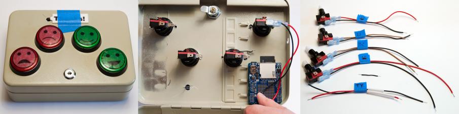 Left: Metal box with four smiling and frowning buttons temporarily in place. 'Thanks!' light is held in place with blue painter's tape. Center: View of test fitted arduino and wires cut to length. Right: Five pairs of wire cut to length and attached to button leads.