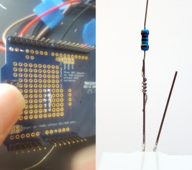 Left: Underside of data logging shield circuit board, demonstrating solder bridging. Right: Resistor lead wound around positive lead of the LED backlight.