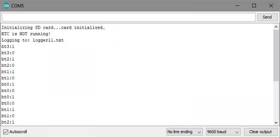 Arduino serial monitor displaying a real time log of button presses