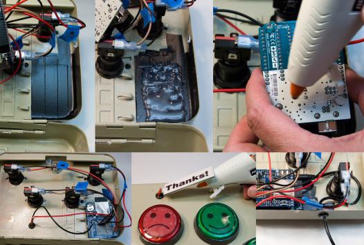 Top-left: Inside lid of box shown with electric tape applied to bottom-right corner for insulation. Top-middle: Hot glue applied to electrical tape for further insulation. Top-right: Applying hot glue to arduino base. Bottom-left: View of inside box lid with arduino glued in place. Bottom-middle: Hot gluing 'Thanks!' light onto the front of the box. Bottom-right: Hot gluing power cord into place for added insulation and durability.