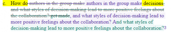 This image displays the process of collaborative editing. Here is the text displayed in the image. In the original image, the deleted text is crossed out with a horizontal line. Here, deleted text is placed in parentheses: 