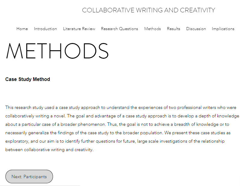 The tabs display the different sections of the paper and read as follows: “Home,” “Introduction, “Literature Review,” “Research Questions,” “Methods,” “Results,” “Discussion,” and “Implications.” Then, the page heading “Methods” is displayed, and then the sub-heading “Case Study Method.” Finally, the text summarizes the methodology: “This research study used a case study approach to understand the experiences of two professional writers who were collaboratively writing a novel. The goal and advantage of a case study approach is to develop a depth of knowledge about a particular case of a broader phenomenon. Thus, the goal is not to achieve a breadth of knowledge or to necessarily generalize the findings of the case study to a broader population. We present these case studies as exploratory, and our aim is to identify further questions for future, large scale investigations of the relationship between collaborative writing and creativity.” 