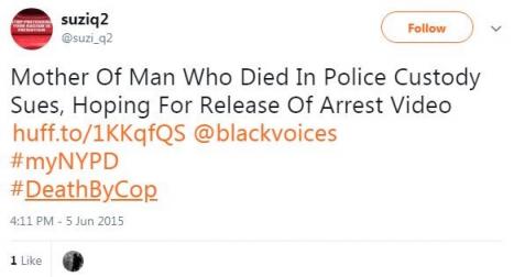 Screeenshot of suziq2opn’s tweet mentioning @blackvoices