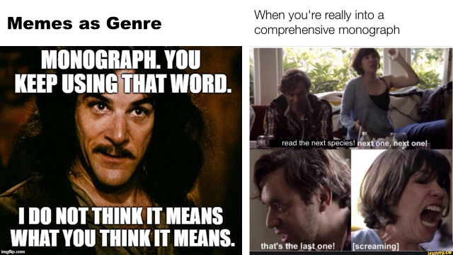 Workshop slide with two unfamiliar monograph memes: (1) an image of Inigo Montoya with the text 'Monograph. You keep using that word. I do not think it means what you think it means' overlaid; and (2) a composite image of a man and woman in increasing agony from an unknown film with the words 'When you're really into a comprehensive monograph: read the next species! next one, next one! That's the last one! [screaming] overlaid.
