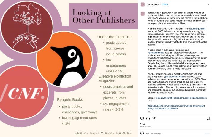 Screenshot of an Instagram post that includes images of a tree, penguin, and CNF logo, along with paragraphs of text and hashtags in the Instagram description