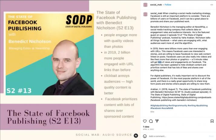 Screenshot of an Instagram post that includes image of Benedict Nicholson, host of SODP podcast, along with paragraphs of text and hashtags in the Instagram description
