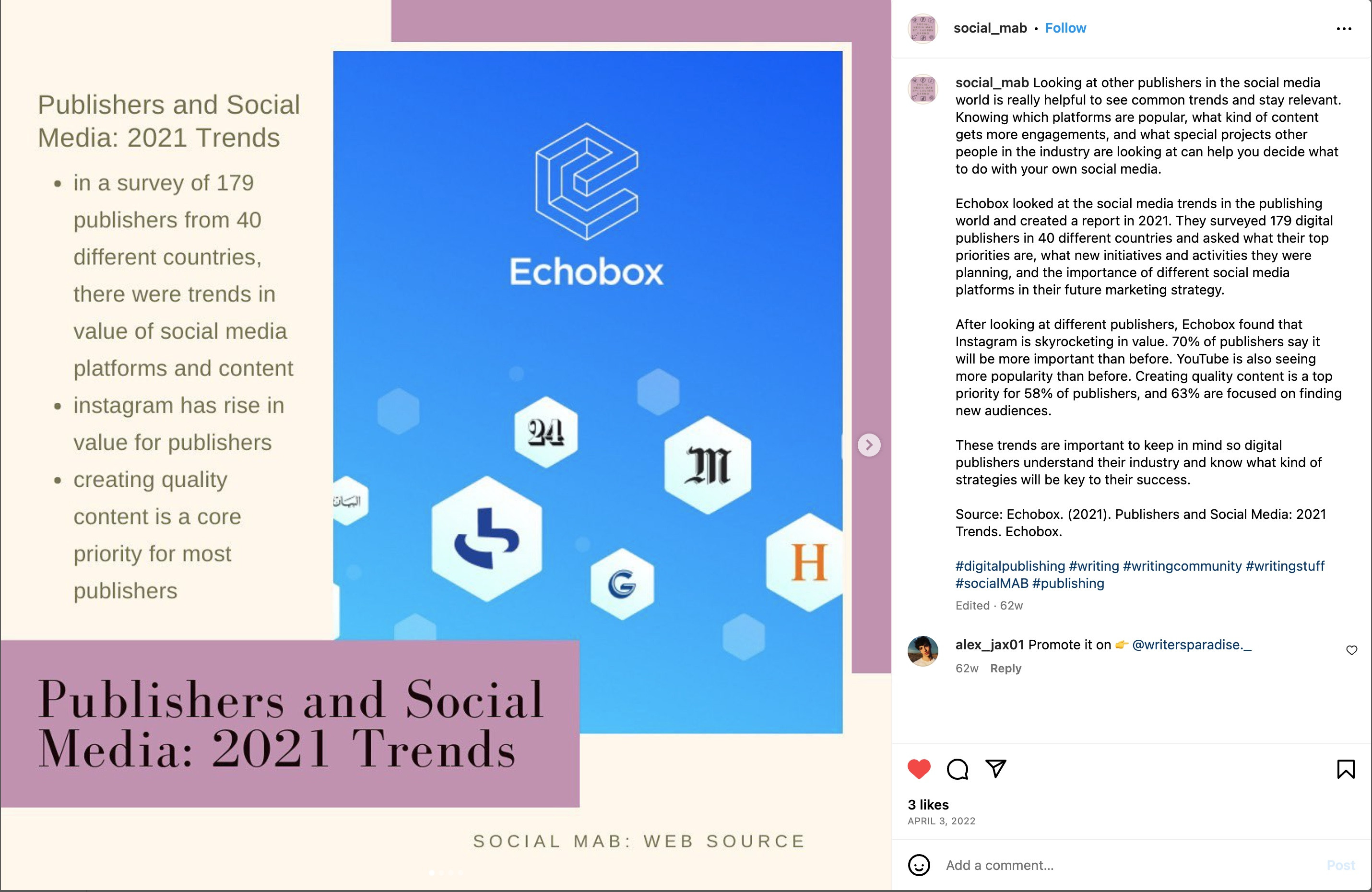 Screenshot of an Instagram post that includes Echobox logo and list of 2021 trends, along with paragraphs of text and hashtags in the Instagram description