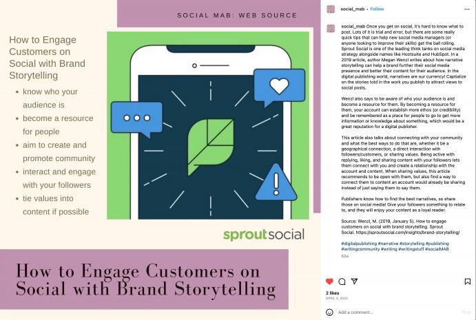 Screenshot of an Instagram post that includes Sproutsocial's logo and a list of how to engage customers, along with paragraphs of text and hashtags in the Instagram description