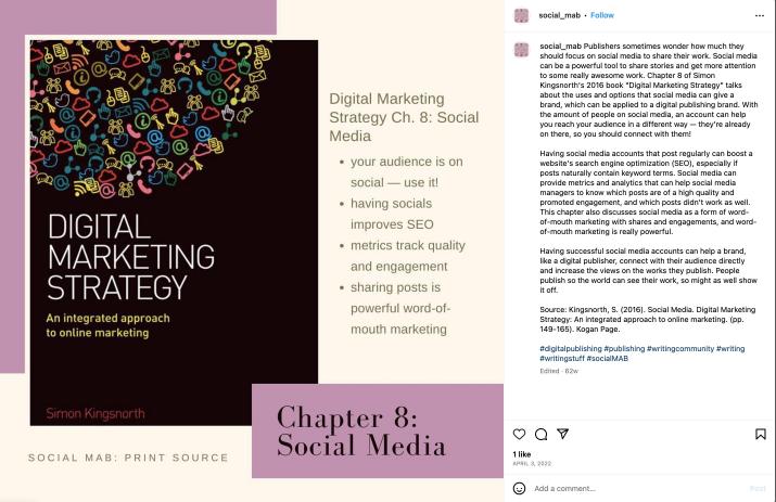 Screenshot of an Instagram post that includes the cover of the book Digital Marketing Strategy and a list of Chapter 8 points, along with paragraphs of text and hashtags in the Instagram description