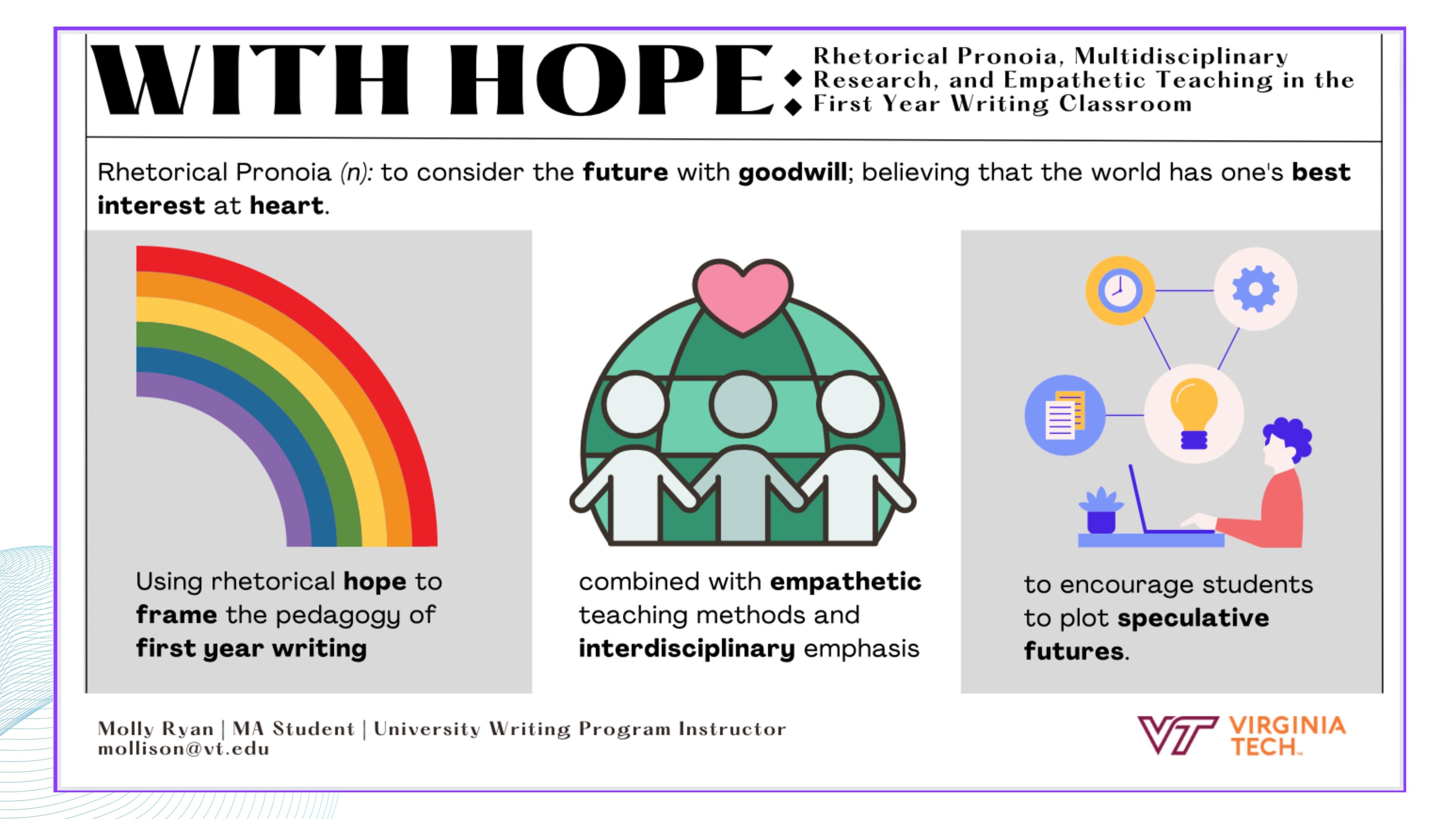 Figure 2: A three panel visual abstract, with a significant rainbow graphic in the left panel