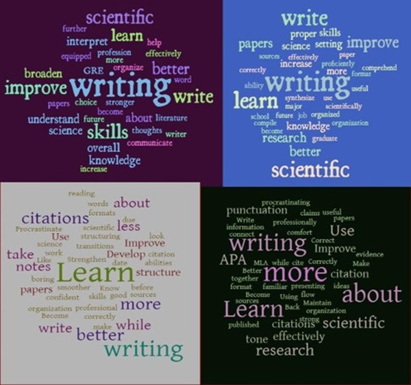 Collage of four class student goal word clouds. Emphasis on writing, skills, and learning in all four.