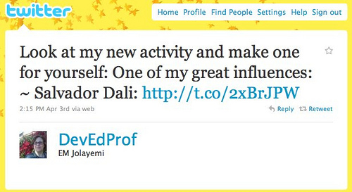 Instructor tweet: Look at my new activity and make one for yourself: One of my greatest influences - Salvador Dali - http://t.co/2xBrJPW