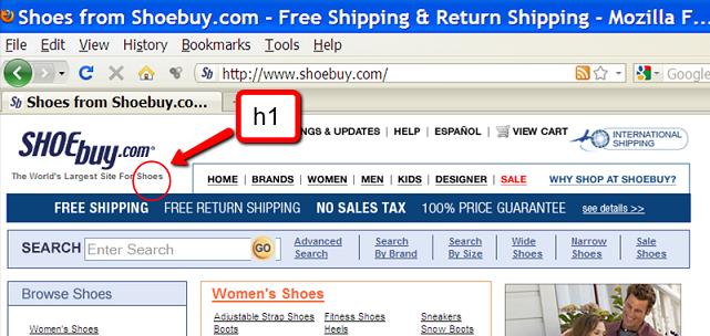 'shoes,' in small print; h1 text same as surrounding text